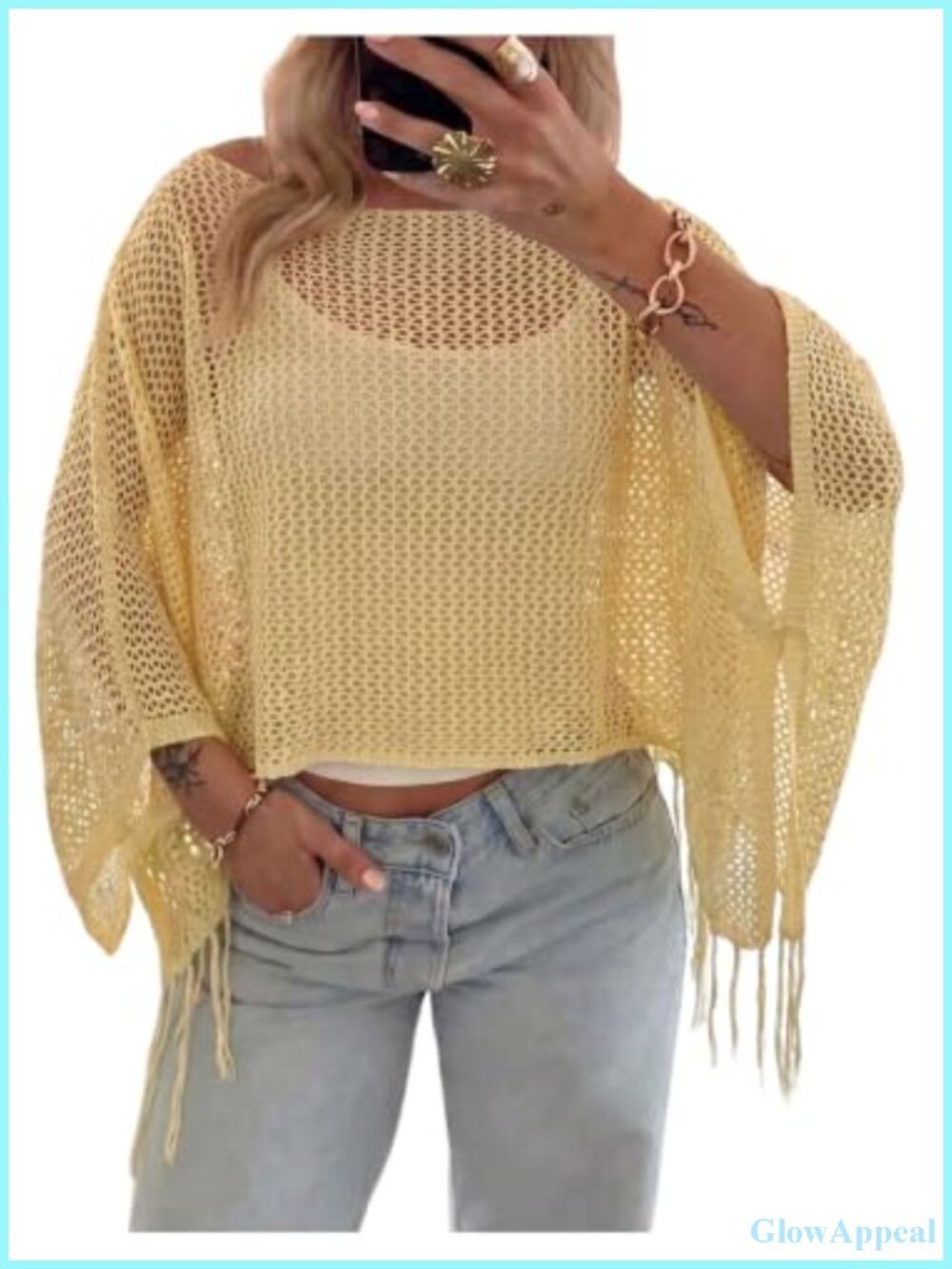 Viscose Hollow Out Crochet Poncho Top Fringe Dolman Sleeve Beach Coverup